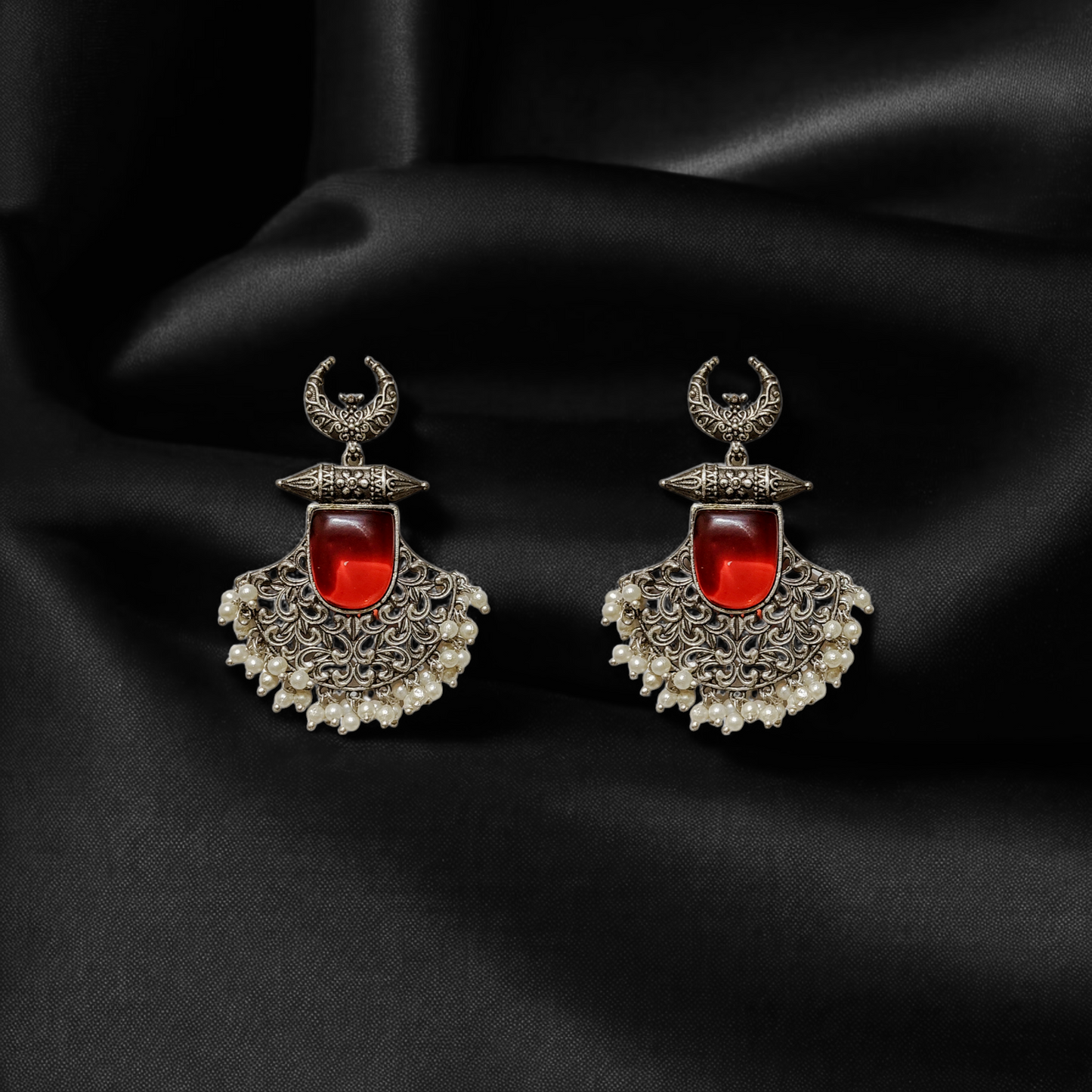 Crescent Moon Red Stone Hoops