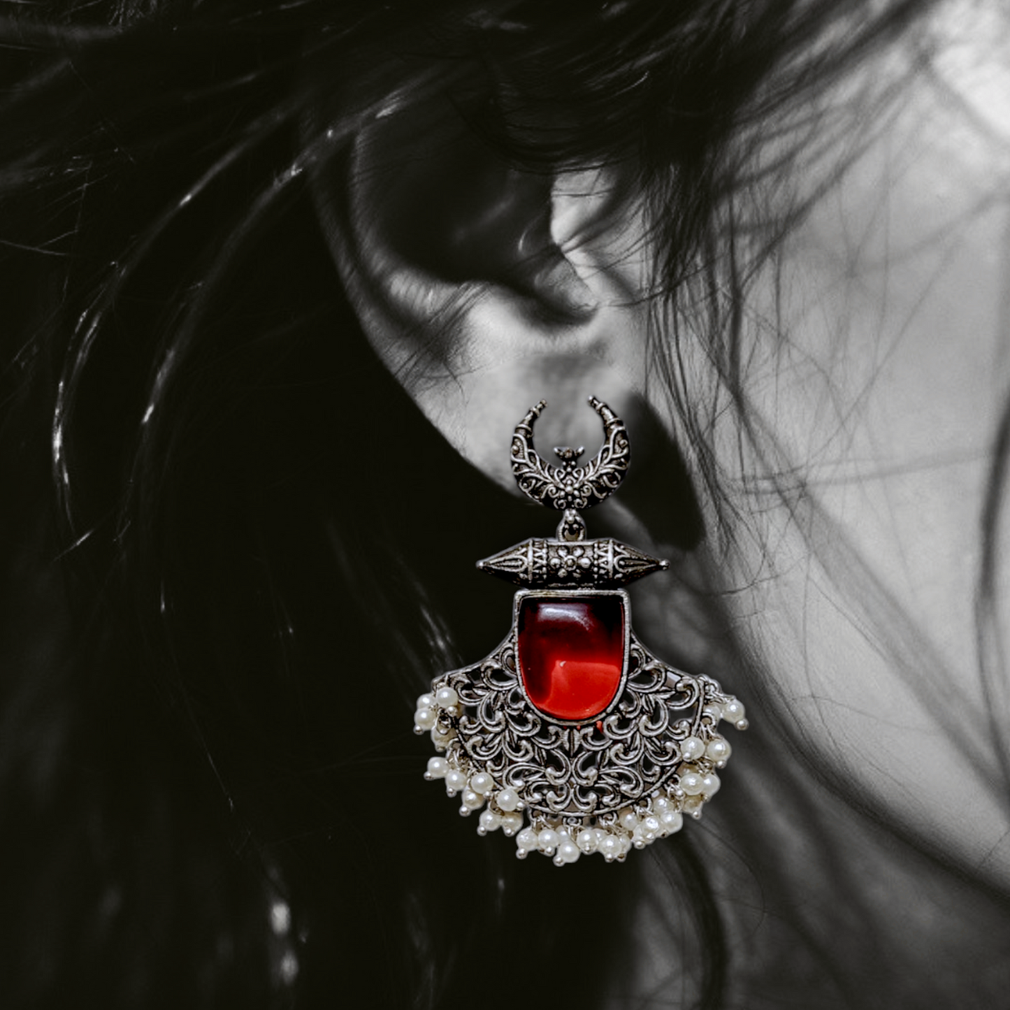 Crescent Moon Red Stone Hoops