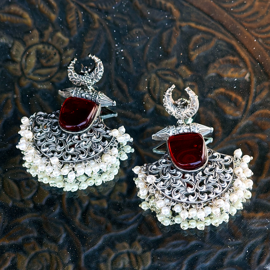 Crescent Moon Red Stone Hoops